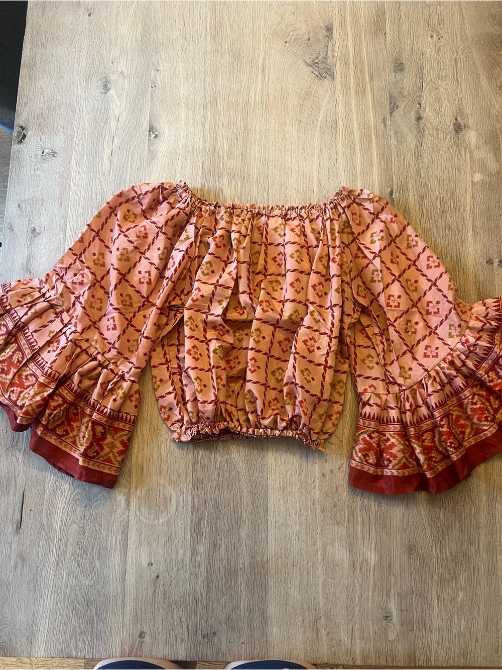 Boho Off-Shoulder Peasant Top in Pink and Rust